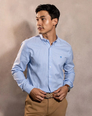 Camisa antimanchas Oxford Yale logo azul marca DANTE para hombre regular fit foto modelo 2