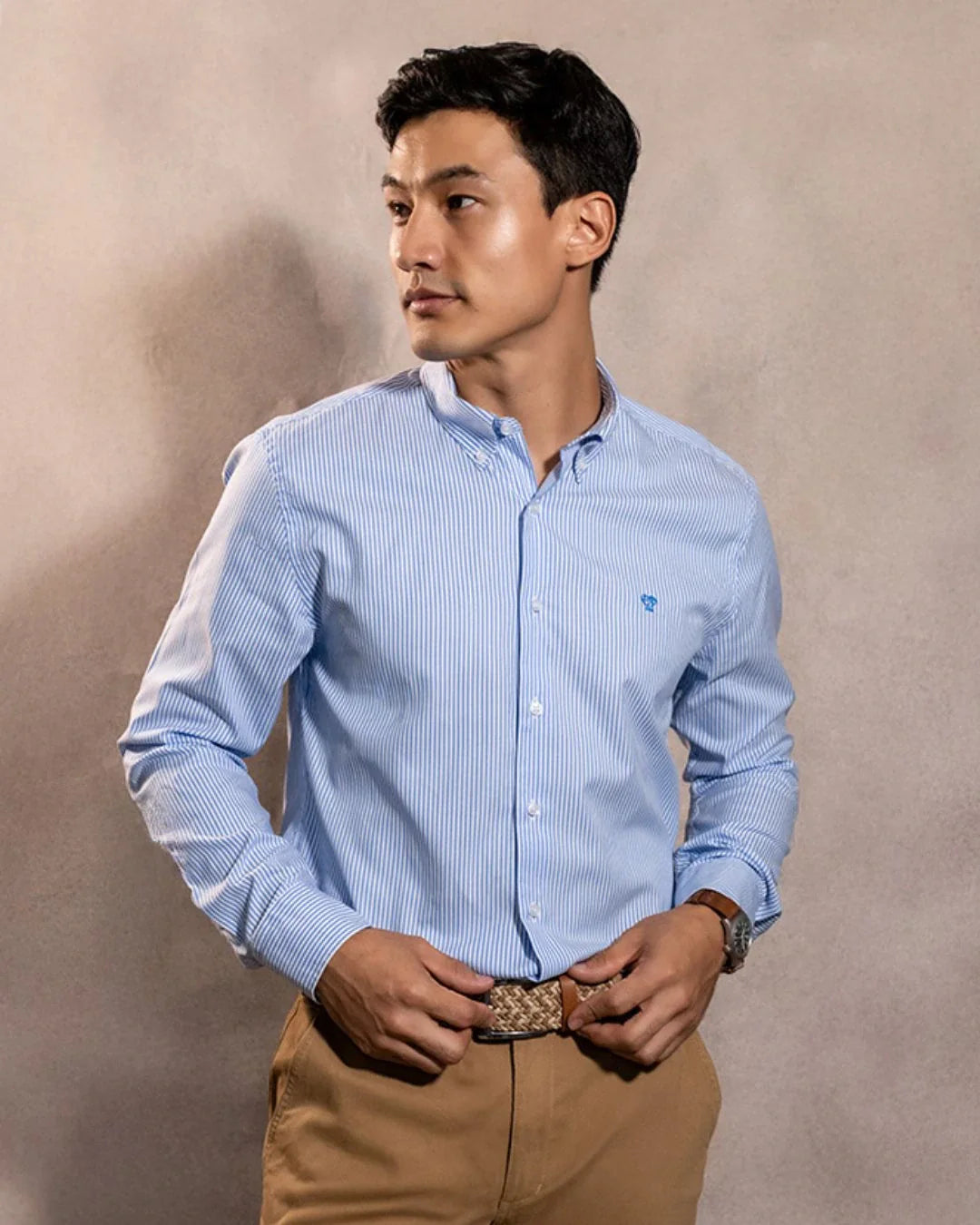 Camisa antimanchas Oxford Yale logo azul marca DANTE para hombre regular fit foto  modelo 2