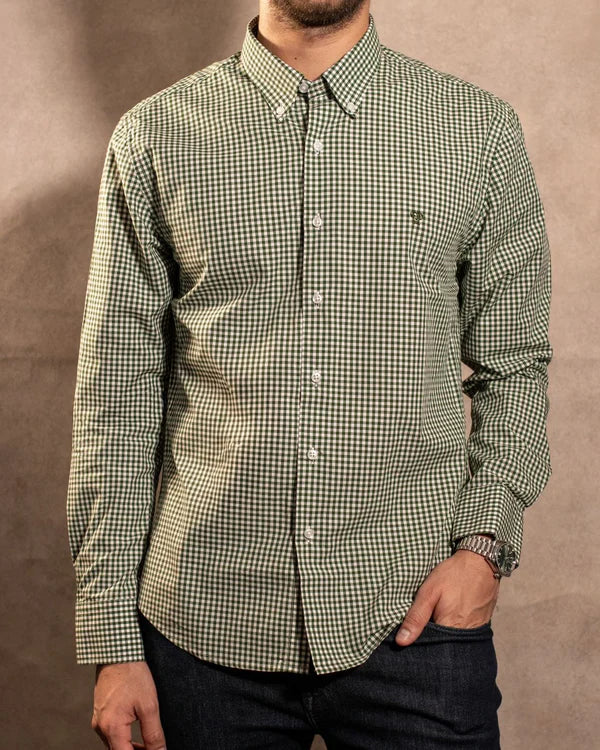 Camisa Antimanchas Popelina Cuadros Verde Oscuro Lugano